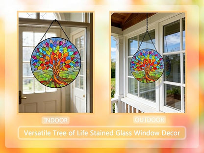 Stained Glass Window Hangings, Tree of Life with Hummingbird Suncatchers for Window, Treasured Gift for Mom, Grandma, Family and Friends (Colorful, 6.7x6.7 in)