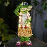 TOLIMI Hawaiian Alligator Garden Statue with LED Floral Garland - Fun Tropical Outdoor Decor, Resin Crocodile Figurine in Hula Skirt for Yard, Patio, or Home