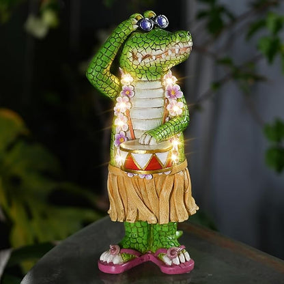 TOLIMI Hawaiian Alligator Garden Statue with LED Floral Garland - Fun Tropical Outdoor Decor, Resin Crocodile Figurine in Hula Skirt for Yard, Patio, or Home
