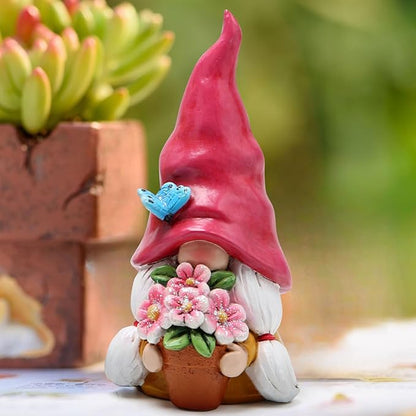 Hodao Spring Gnome Decoration Flower Elf Ornaments Decor Gifts Summer Gnome Figurines for Garden Decor Spring Sculptures Gifts for Outdoor Decor for Mom, Grandma (Red)