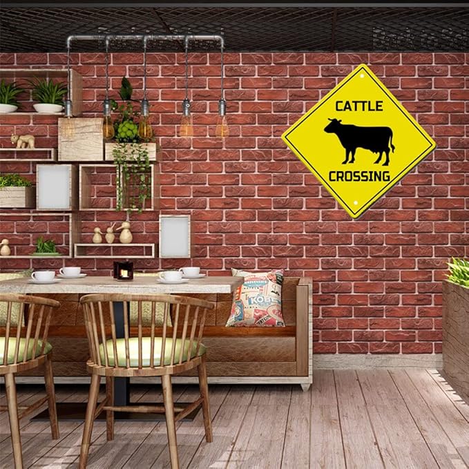Cattle Crossing Sign Funny Novelty Metal Tin Sign for Bar Club Country Home Coffee Shop Indoor& Outdoor Decor Yellow Street Sign 12X12inch