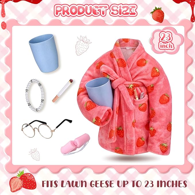 Porch Goose Statue Outfits Set Porch Goose Clothes with Bathrobe Curlers Costumes for 23" Plastic Statue Patio Yard Garden Lawn Outdoor Decoration(Pink, Strawberry)