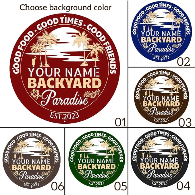 MeMate Personalized Backyard Paradise Sign - Customized Name Established Year Metal Sign for Outdoor Patio Decor, Restaurants, Farmhouse - Round Printed