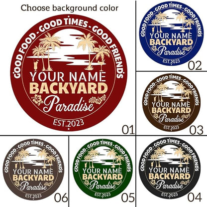 MeMate Personalized Backyard Paradise Sign - Customized Name Established Year Metal Sign for Outdoor Patio Decor, Restaurants, Farmhouse - Round Printed