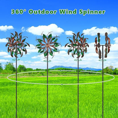 DREAMYSOUL Wind Spinners Outdoor, 360 Degree Rotation Double Layer Metal Kinetic Wind Spinner, Wind Sculpture with Green Leaves Blades for Yard and Garden Lawn Decor