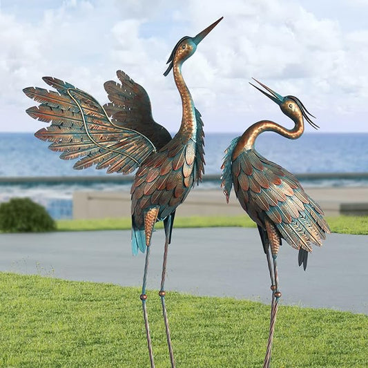 Crane Statues for Garden Decor, Metal Crane Yard Art Statues, Standing Heron Garden Sculptures & Statues for Outdoor Decorations, 38-42 Inch Set of 2, Copper