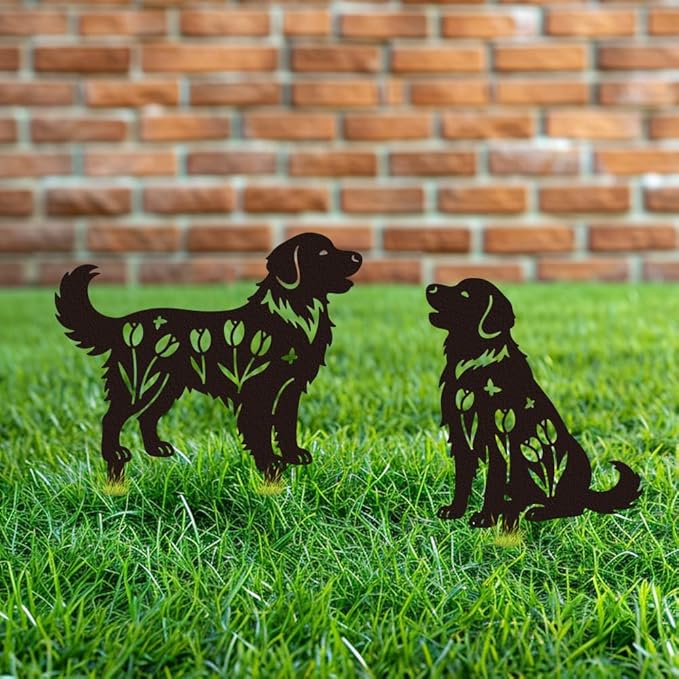 WADORN 2Pcs Golden Retriever Metal Decorative Garden Stakes, Retriever Dog Silhouette Metal Outdoor Statues Flowers Garden Ornament Gifts Black Yard Art Decorations for Outdoor Patio Backyard Walkway