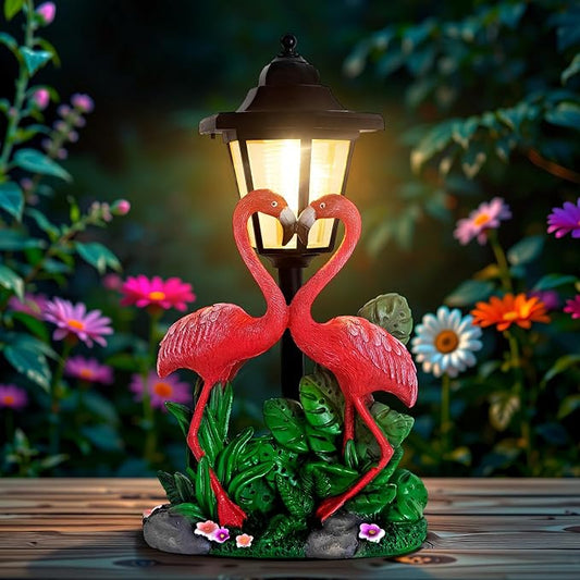 Solar Flamingo Garden Decor, Romantic Flamingo Couple with LED Lantern Decoration for Outside Patio Yard Backyard Gifts for Mother's Day Birthday Housewarming