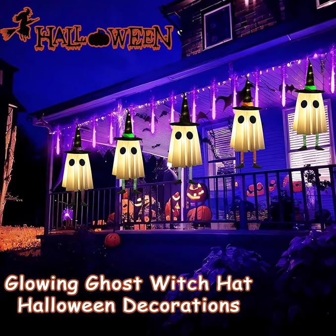 Set of 4 Halloween Hanging Ghosts, Halloween Decorations Outdoor Hanging Ghosts with Witch Hat,Glowing Ghost Witch Hat Lights, Light up Ghost Decor for Yard Patio Garden Tree Outside(4 Ghost Lighted)