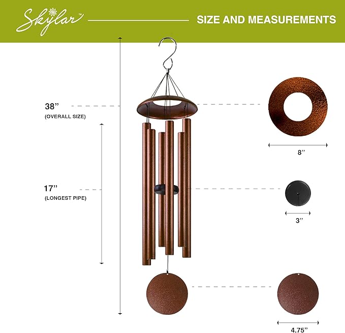 Skylar Aluminum Wind Chimes – 38 Inch Outdoor Wind Chimes with Brushed Copper Finish, Deep Tone Metal Chimes with Adjustable Striker & Wind Sail, Patio, Porch, Garden & Memorial Decor