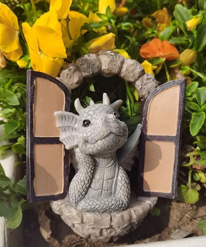 SHOWFEICAT Dragon Garden Ornament Resin Craft Ornament Statue Fairy Door Yard Art Outdoor and Garden Solar Light Luminous Sand Open Door Dragon Wall Statue Outdoors Decor (Eye to Eye)