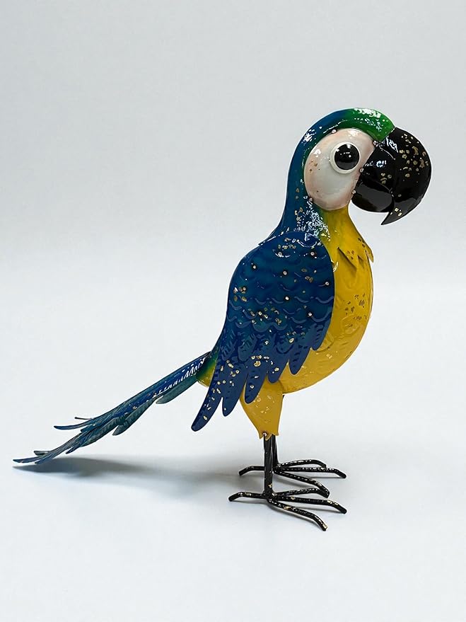 Tropical Parrot Metal Colorful Enameled Garden Outdoor Statue Blue, Home Decor, Porch Accessory, Patio and Lawn Yard Art, Garden Decor Animal Sculpture Ornament