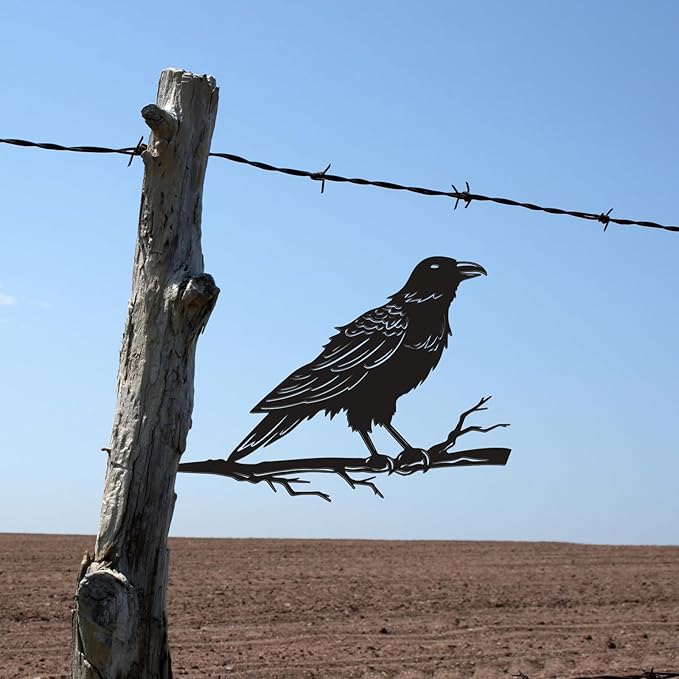 Raven Crow Fence Topper Decor, Metal Garden Birds Black Silhouette Statue, Halloween Witchy Gothic Ornament for Yard Fence, Fake Crow Home Garden Decoration (Vivid)