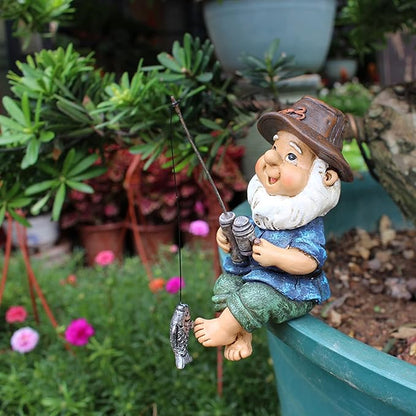 Fishing Gnome Statue for Garden Outdoor, Whimsical Lawn Gnome Sitter Decoration with Fishing Rod, UV-Resistant Resin Patio Yard Ornament