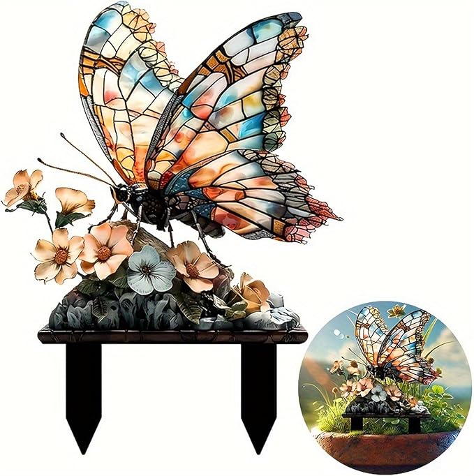 Garden Stake Decor, Acrylic 2D Flat Cute Animal Statue, Fairy Sculptures Ornament Indoor Outdoor Yard Lawn Pot Plant Decorative Accessories (Floral Butterfly)