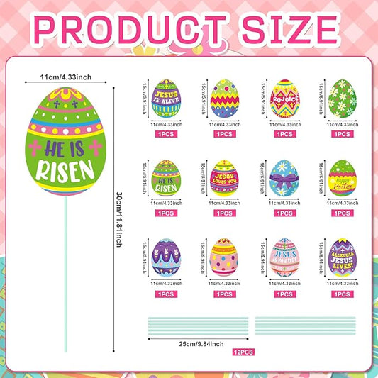 Cinrobiye 12Pcs Easter Planter Stakes Flower Pot Signs 5.9Inches Bunny Chick Jesus Egg Garden Stake Outdoor Lawn for Easter Party Patio Yard Outside Greetings Home Farmhouse Decor