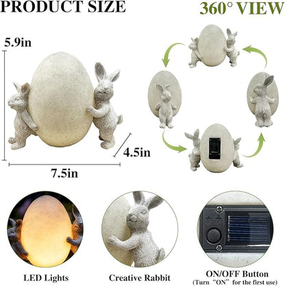 Solar Bunny Garden Statue with LED Light – Cute Solar Garden Decor Outdoor Rabbit Statue for Patio Yard Backyard Lawn, Bunny Decor Garden Statues, Easter Rabbit Gifts-Egg