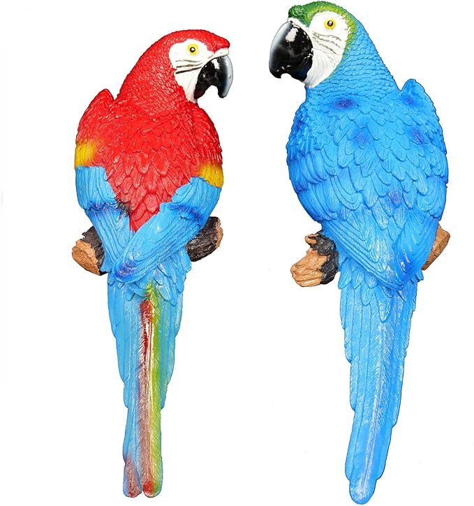 2 Pieces Fake Parrot Decor Artificial Parrot Decoration 12.5" Lifelike Large Resin Parrots Statue Tiki Bar Decorations Macaw Realistic Tropical Bird for Garden Patio Yard Lawn Tropical Tree Wall
