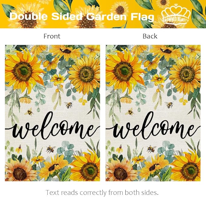 CROWNED BEAUTY Summer Garden Flag Sunflowers 12x18 Inch Double Sided Small Yellow Floral Seasonal Holiday Decoration for Outside Yard