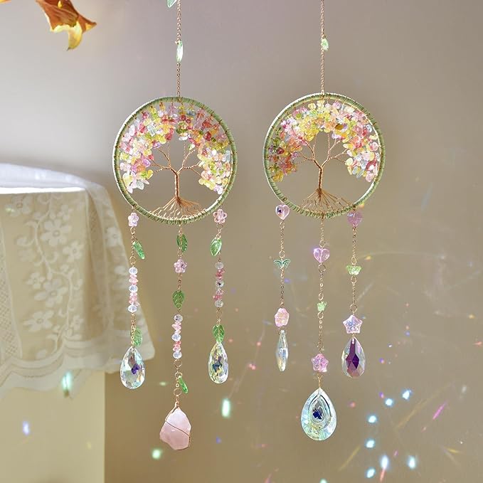 Crystal Tree of Life Dream Catchers Crystal Suncatcher with Crystal Prisms Hanging Suncatcher for Window Garden Patio Balcony Bedroom Crystal Gift for Girls Boys Audlts