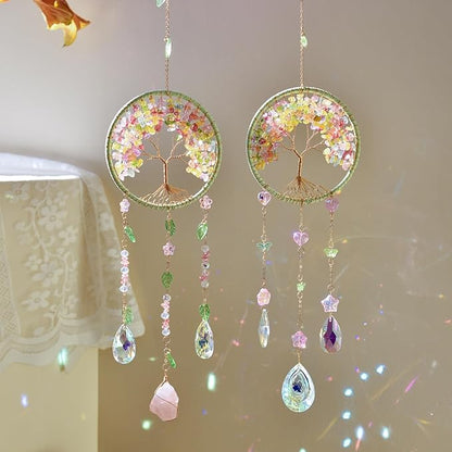 Crystal Tree of Life Dream Catchers Crystal Suncatcher with Crystal Prisms Hanging Suncatcher for Window Garden Patio Balcony Bedroom Crystal Gift for Girls Boys Audlts