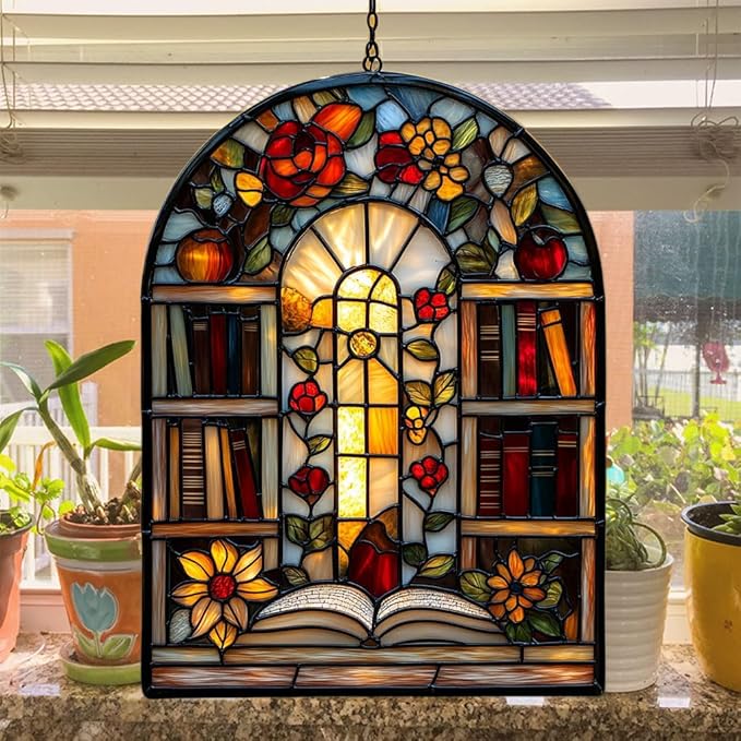 Antique Library Bookshelf Acrylic Suncatcher Stained Glass Effect Window Car Hanging Christmas Ornament Indoor Outdoor Decor Garden Sun Catcher Panel for Book Lover for Women Mom Grandma