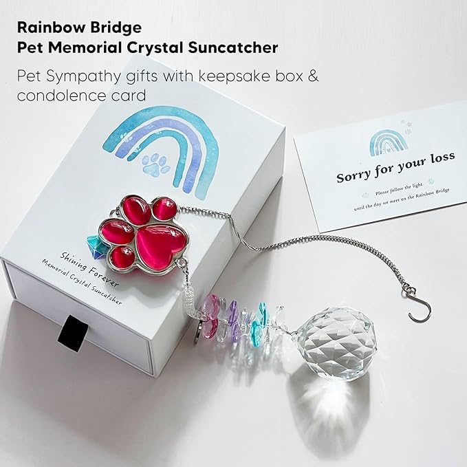 Dog Memorial Gifts for Loss of Dog, Pet Memorial Gifts for Dogs, Thoughtful Bereavement Remembrance Crystal Suncatcher with Sympathy Card (Rose Red)