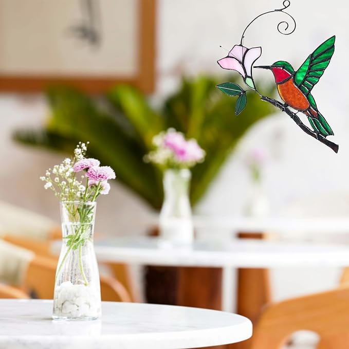 Handmade Stained Glass Hummingbird on Branch Colorful Glass Bird Suncatcher for Indoor Window Decor Unique Hummingbird Gift for Women,Mom,Grandma