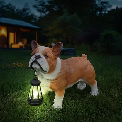 Outdoor French Bulldog Dog Statue with Interchangeable Welcome Sign and Detachable Solar Lantern –LED Light Garden Dog Sculpture Décor, Cute Puppy Design for Yard, Porch, Gift