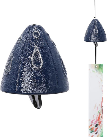 Japanese Wind Chime Cast-Iron Outdoor Ornament for Garden, Patio & Balcony, Hanging Metal Wind-Bell Decoration Gift, Blessing Pendant Windchimes & PVC Wind-Catcher, Blue Water Drops