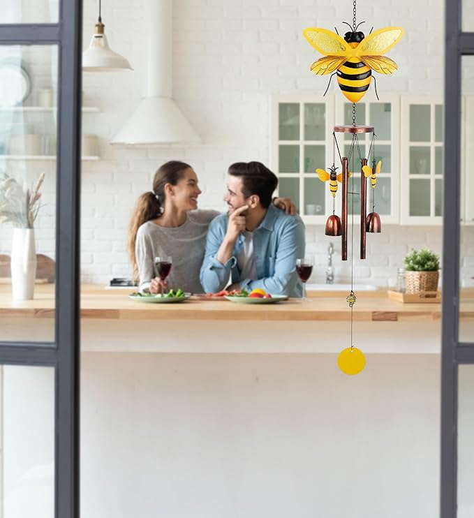 CoTa Global Bee Wind Chime - Handmade Metal and Glass Hanging Decor, Yellow and Black Garden Ornament with Copper Tubes, Indoor Outdoor Porch Patio Yard Decoration - 33 Inches