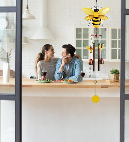CoTa Global Bee Wind Chime - Handmade Metal and Glass Hanging Decor, Yellow and Black Garden Ornament with Copper Tubes, Indoor Outdoor Porch Patio Yard Decoration - 33 Inches