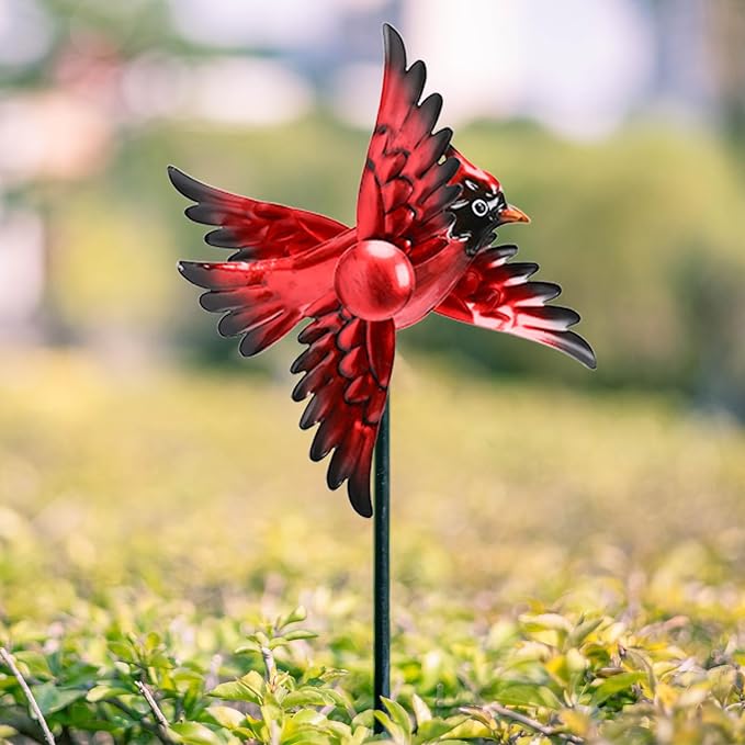 MUMTOP Cardinal Wind Spinner Outdoor, 2 Pack Metal Red Birds Windmill for Yard Art, Garden Decor