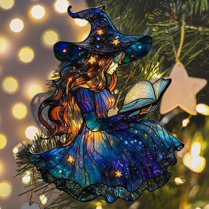 Cute Wizard Reading Books Acrylic Suncatcher Stained Glass Effect Window Car Hanging Christmas Ornament Indoor Outdoor Decor Garden Sun Catcher Panel for Book Lover for Women Mom Grandma