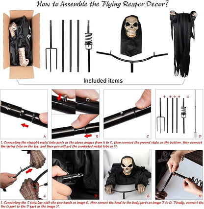 LarpGears Outdoor Halloween Skeleton Decorations, 7.8Ft Flying Rotated Skull Reaper Ghost Scarecrow Decorations for Garden, Porch, Yard
