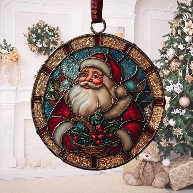 Santa Giving Presents Acrylic Suncatcher Stained Glass Effect Window Car Hanging Christmas Ornament Indoor Outdoor Decor Garden Sun Catcher Panel for Women Mom Grandma