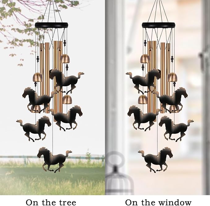 Outdoor Bronze Horse Wind Chimes Decoration, Gifts for Mom, Home, Garden, Balconies, Rooms, Patio, Indoor, Horse Chimes, 4 Aluminum Tubes 5 Horses Wind Chime, Horse Wind Catcher, Horse Wind Bell Gift