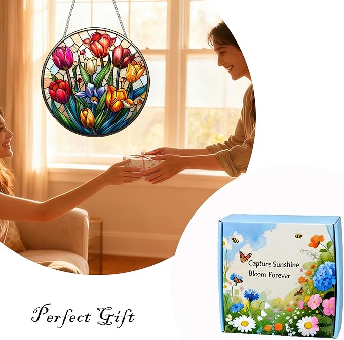 Tulip Suncatcher Stained Glass Suncatchers Stained Glass Ornament for Home Decor Indoor Wall Art Gift for Mother Women Friends (Tulip, M)