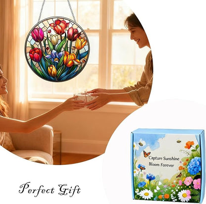 Tulip Suncatcher Stained Glass Suncatchers Stained Glass Ornament for Home Decor Indoor Wall Art Gift for Mother Women Friends (Tulip, M)