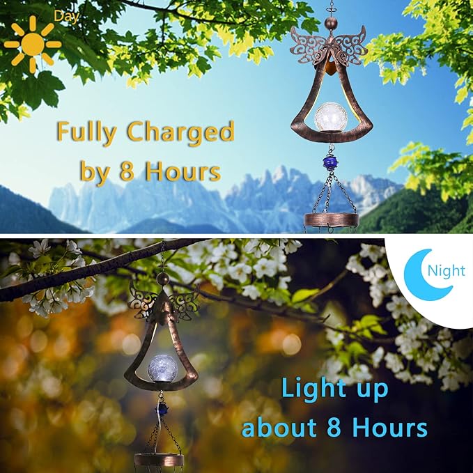 Taman Wind Chime - 42" Angel Solar Lights Wind Chimes Valentine's Day Gift for Outside Crackle Glass Ball LED Decorative Memorial Gift, Aluminum Tubes for Home, Outdoor, Yard, Patio,Garden Decor