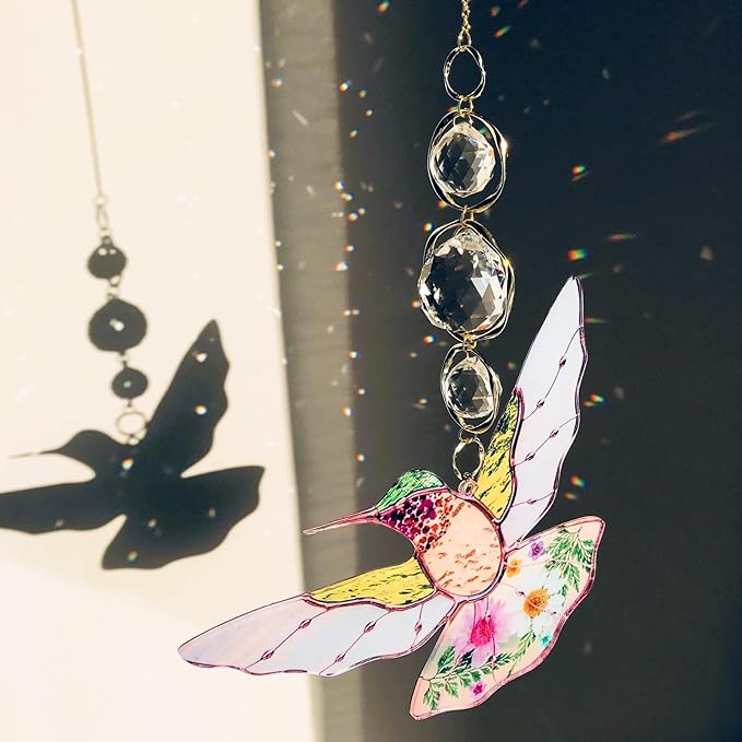 Green Acrylic Hummingbird Flowers Garden Suncatcher Christmas Tree Decorations Window Hanging Ornaments Crystal Prism Rainbow Maker Sun Catcher Gifts for Mom Grandma Sister Bird Lovers