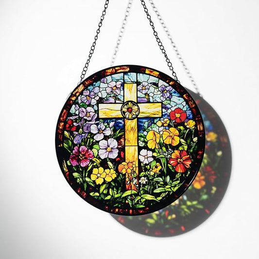 Stained Glass Window Hanging - Cross and Wildflowers Suncatcher, Sun Catchers Decor for Window Hanging, Gifts for Religious, Christian, Easter Faith Home Decor 7.8in