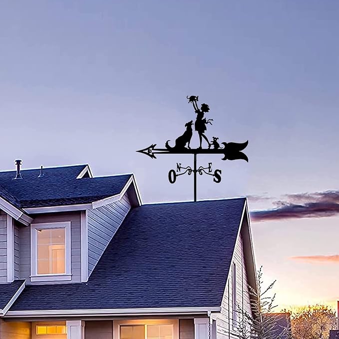 European Style Wrought Iron Garden Weathervane, Roof Decoration Weather Vane, Direction Indicator Kit, Outdoor Cute Hollowed Out Steel Gnomes Statue direction indi