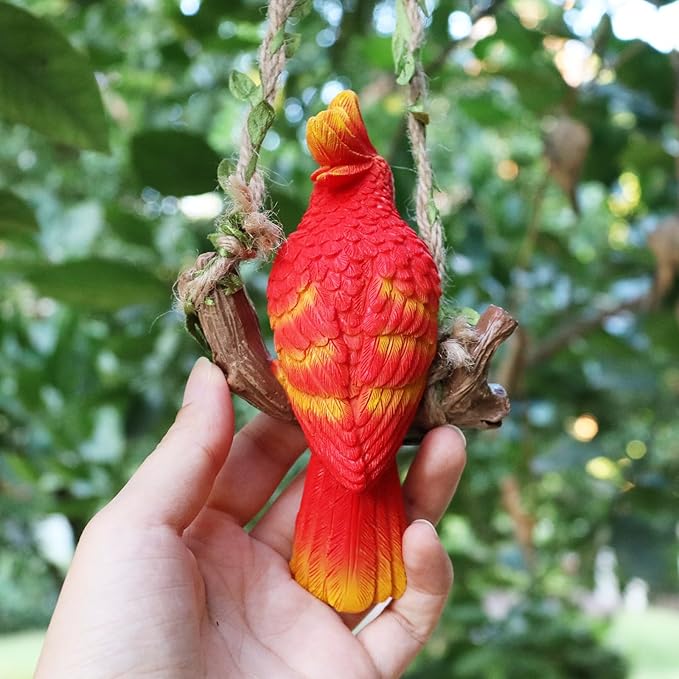 Hanging Parrot Garden Statue Decor Outdoor Hanging Animals Sculpture Decorations Tropical Swing Bird Figurine for Patio Tree Plant Lawn Yard Porch Balconies (Red)