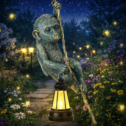 Rossesay Solar Light Outdoor Monkey Statues Bronze 7.48 Inch Resin Chimpanzee Baby Monkey Climbing on Vine with LED Lantern Waterproof Hanging Figurine with Hook for Yard Garden Wall
