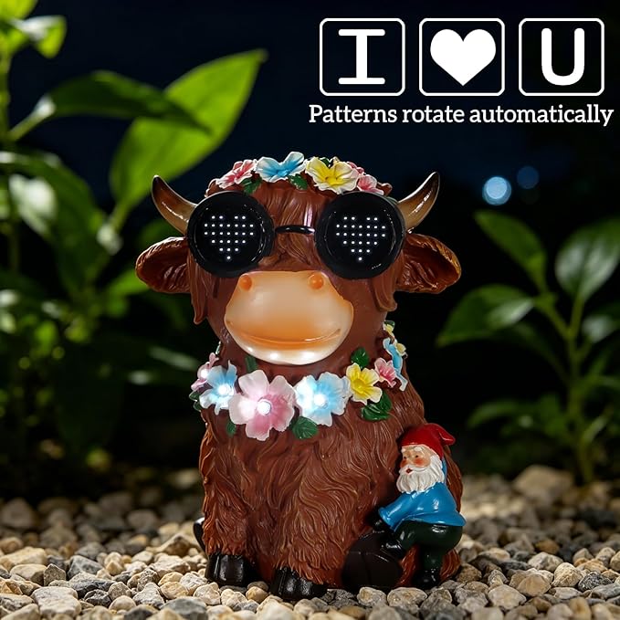 Solar Garden Statues Highland Cattle with Flower and LED Lights Birthday Gifts for Women Mom Grandma Solar Outdoor Decor for Patio Backyard Yard Lawn Decoration-Unique Housewarming Gifts