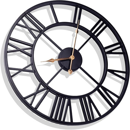 16 Inch Large Outdoor Wall Clock, Black Metal Modern Minimalist Battery Operated Silent Clock for Patio, Pool, Garden, Living Room, Kitchen, Office, Bedroom Decor with Easy to Read Numbers