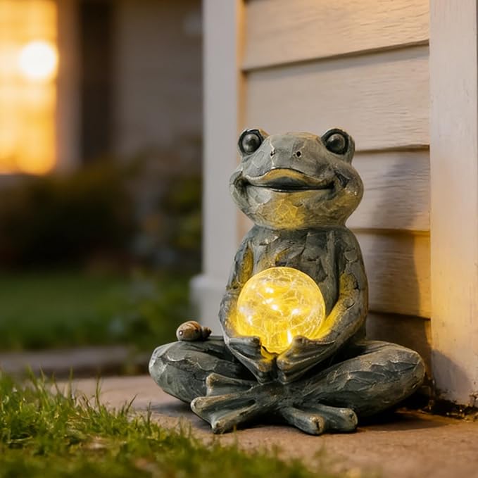 Zen Yoga Frog Garden Statue Ornament, Outdoor Decor, Solar Patio Garden Sculptures & Statues, Gift Ideas for Women
