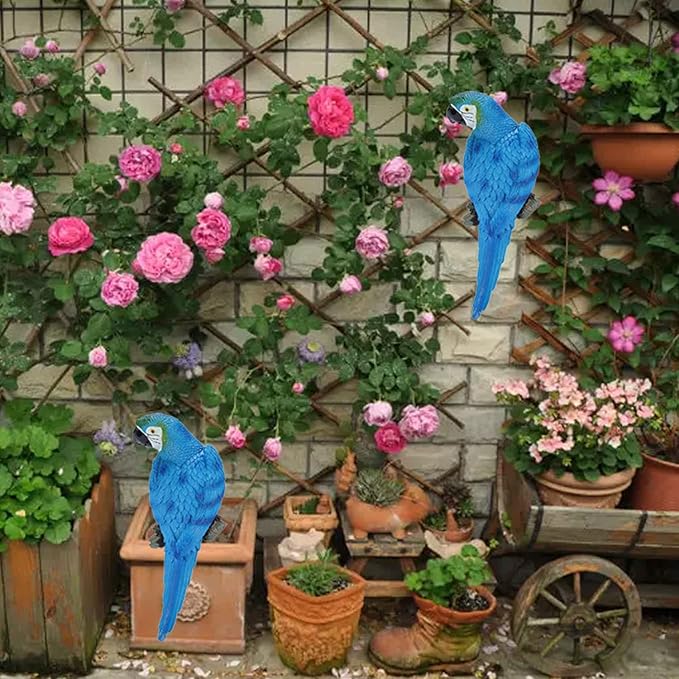 Large Parrot Decor Outdoor Tiki Bar Decoration, 12.5" Fake Birds Wall Art for Tropical Hawaiian Pool Decor, Resin Hanging Realistic Macaw Statue for Patio, Fence, Plam Tree, Yard, Garden, Deck(Blue)