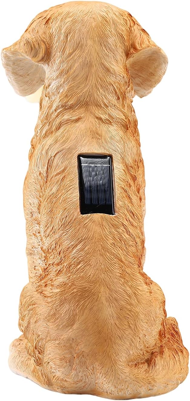 13.6" Solar Golden Retriever Garden Statue with Bone Light, Resin Sitting Dog Outdoor Decor, Waterproof Solar Powered Animal Statue for Yard, Lawn, Garden